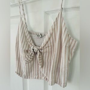Abercrombie & Fitch Tie Front Crop Top Cami Sz Medium Linen Striped Cream Tan